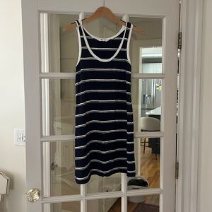 Bb Dakota XS navy, and white stripe jersey dress, 95% VSCO, 5% spandex.